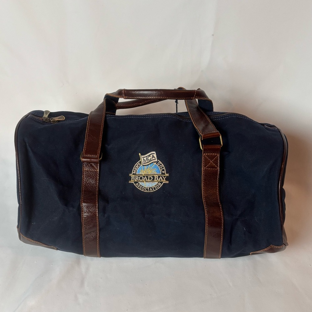 NWT Links & Kings Waxed Canvas Duffel Bag Navy Blue Monogram Leather Trim